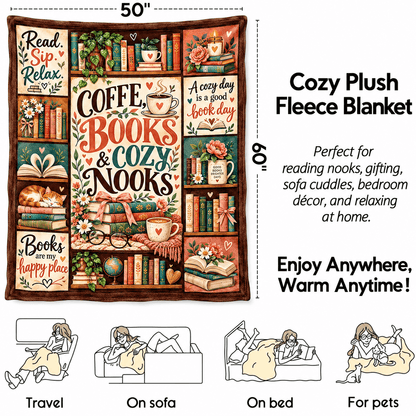 Coffee Books & Cozy Nooks Blanket – Vintage Book Lover Cozy Plush Fleece Reading Gift for Women & Daughters – 50"×60"