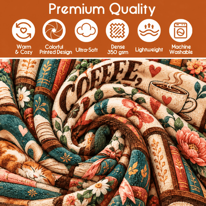 Coffee Books & Cozy Nooks Blanket – Vintage Book Lover Cozy Plush Fleece Reading Gift for Women & Daughters – 50"×60"