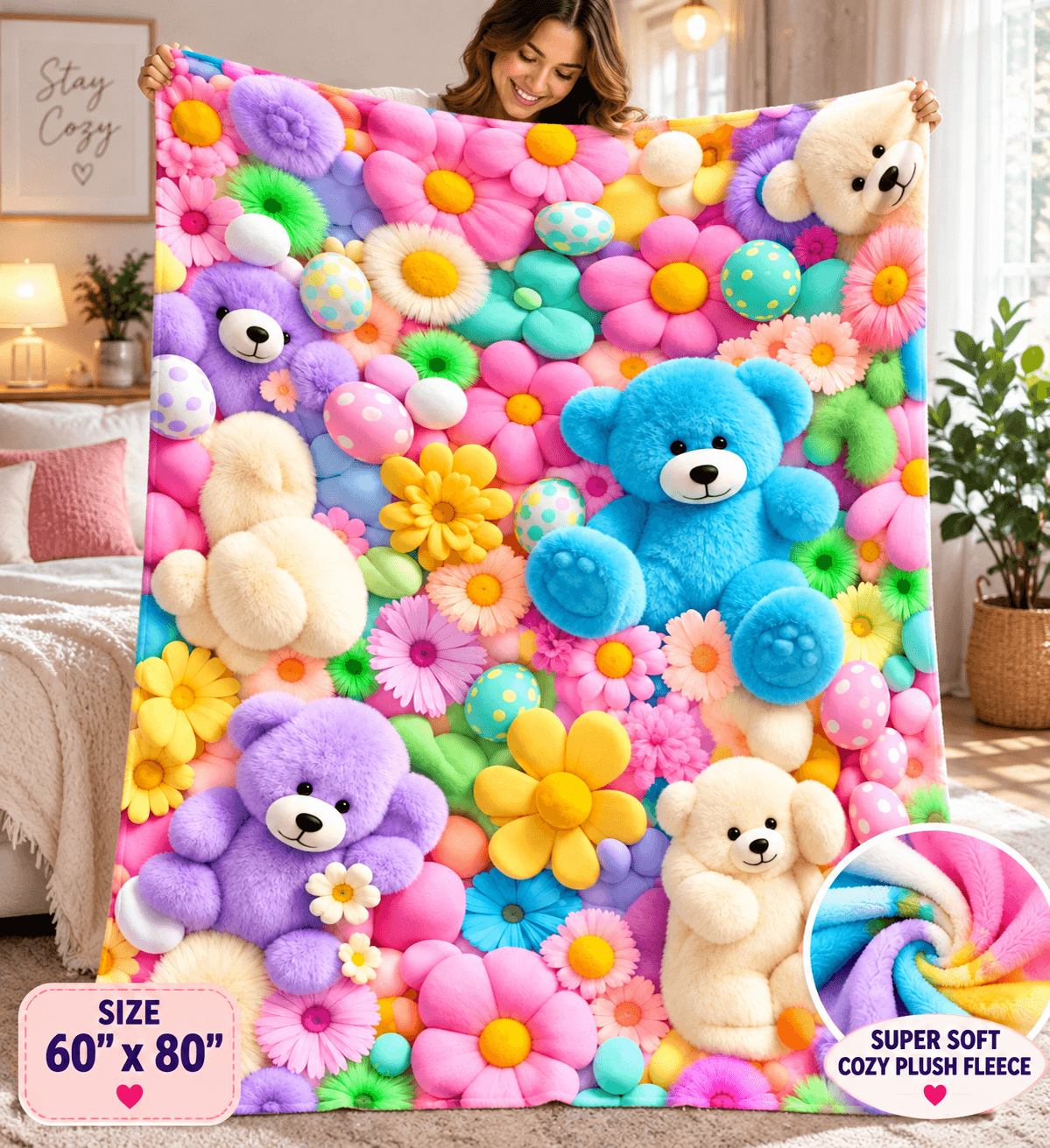 A woman holds up a large plush fleece blanket featuring a colorful pattern of teddy bears and flowers. The blanket has a pink background with blue, purple, yellow, and cream plush bears interspersed with oversized floral motifs.