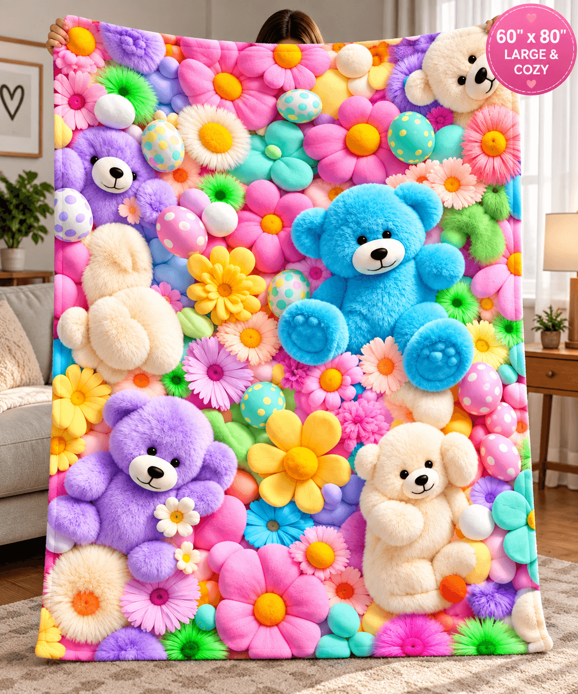 A colorful plush teddy bear and flower blanket is shown hanging in a living room. The blanket features large, soft 3D-style teddy bears in blue, purple, cream, and pink, surrounded by bright multicolored flowers.