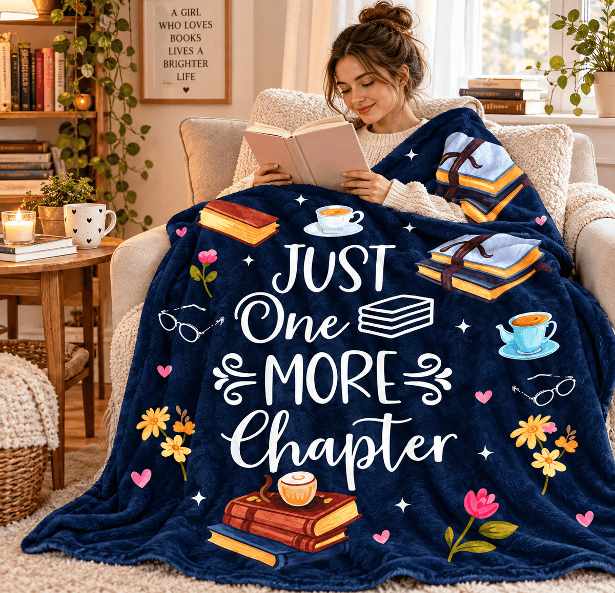 Just One More Chapter Book Lover Blanket – Cozy Reading Gift for Women & Daughters – 50" × 60"