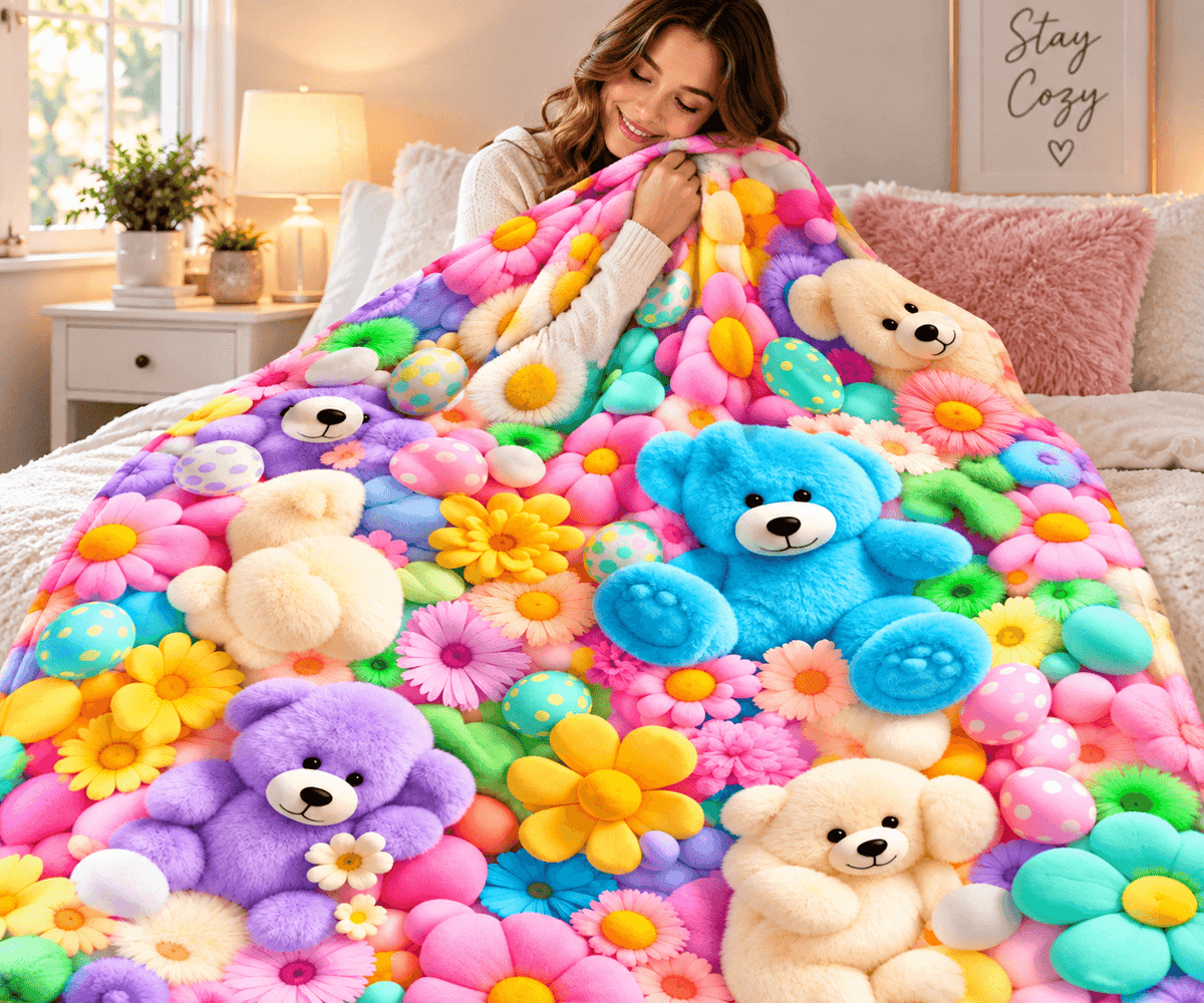 A woman sits on a bed holding up a vibrant, multicolored blanket featuring plush teddy bears and large 3D-style flowers. The blanket is highly saturated with pink, blue, yellow, purple, and green tones.