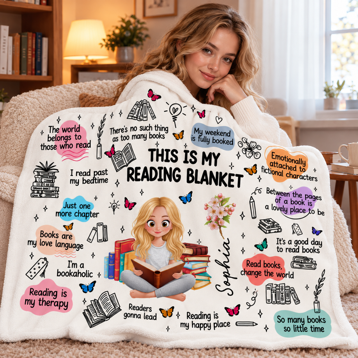 Woman holding a personalized reading blanket featuring book lover quotes