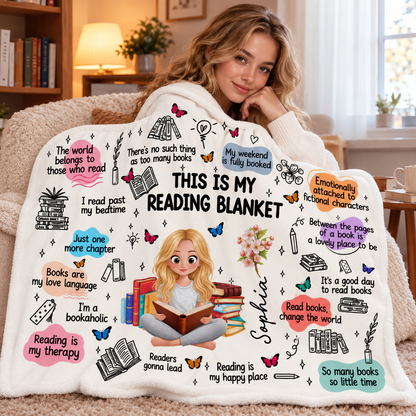 Woman holding a personalized reading blanket featuring book lover quotes