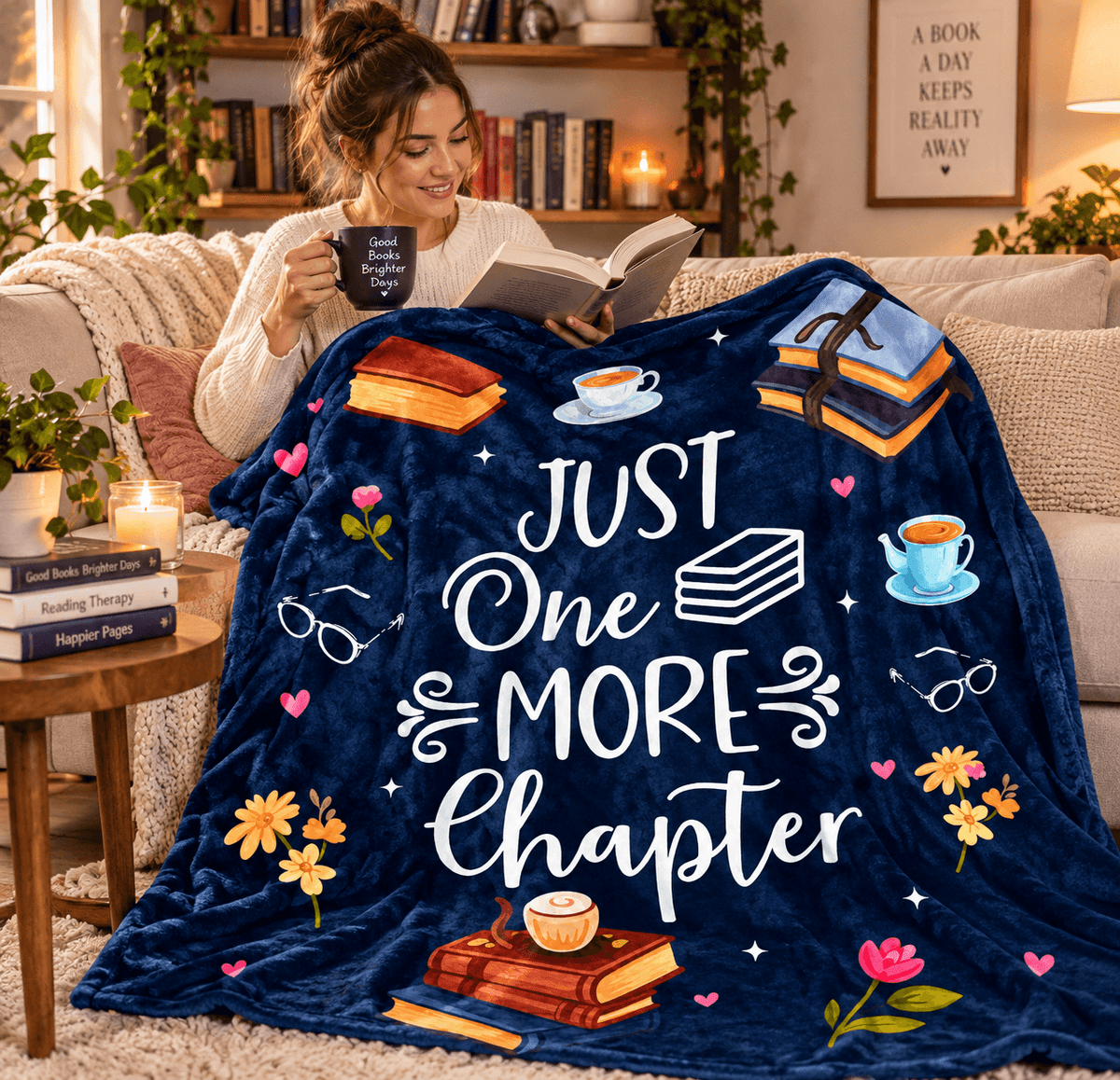Just One More Chapter Book Lover Blanket – Cozy Reading Gift for Women & Daughters – 50" × 60"
