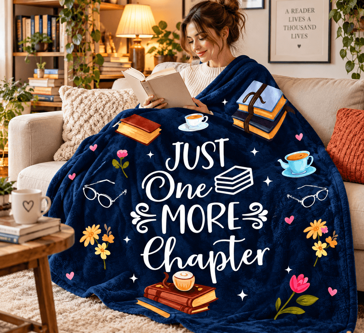Just One More Chapter Book Lover Blanket – Cozy Reading Gift for Women & Daughters – 50" × 60"