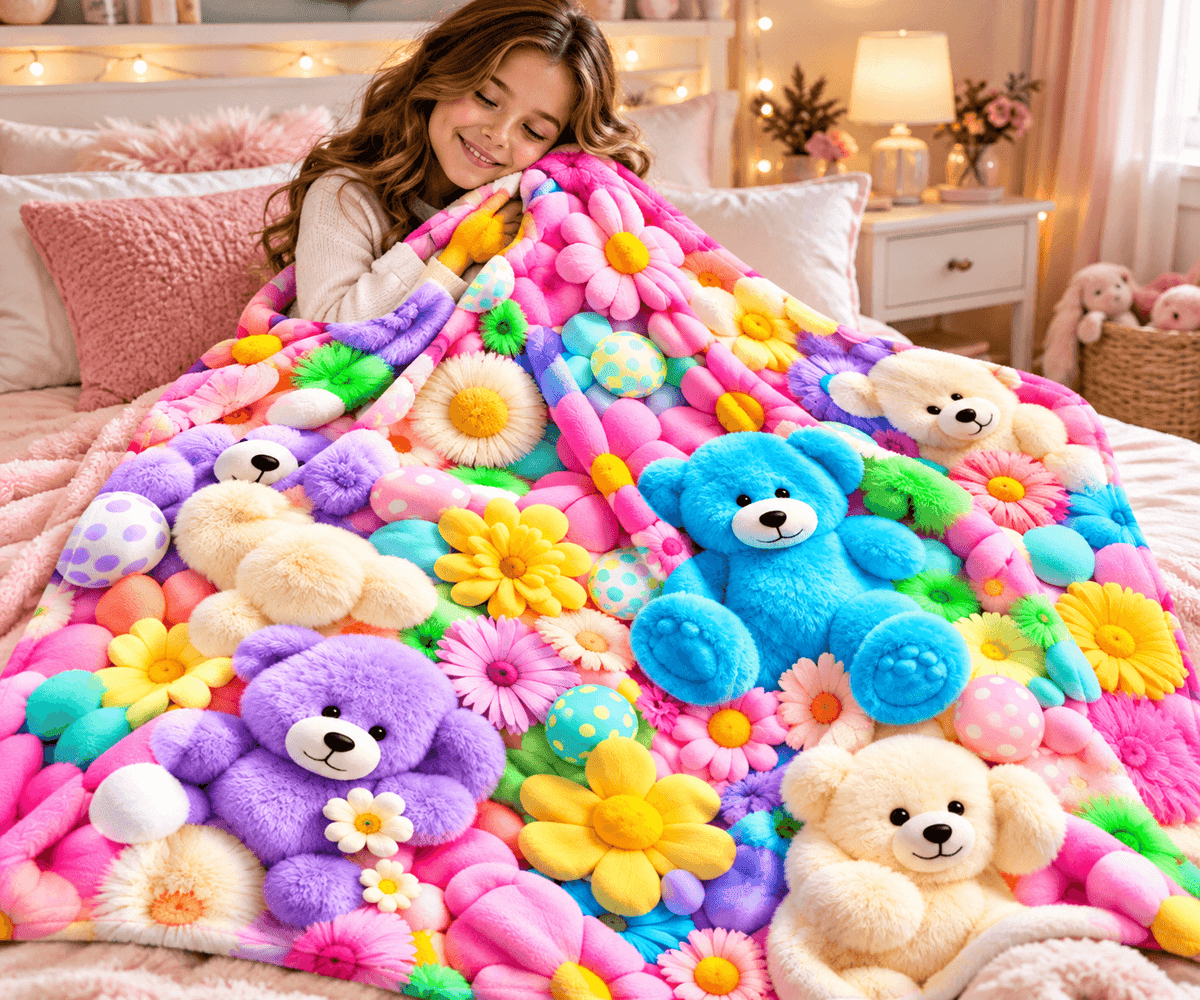 A child lying on a bed under a vibrant, oversized plush blanket featuring colorful 3D flowers and teddy bears in pink, blue, purple, yellow, and cream. The bedroom background is softly lit with warm fairy lights and a nightstand.
