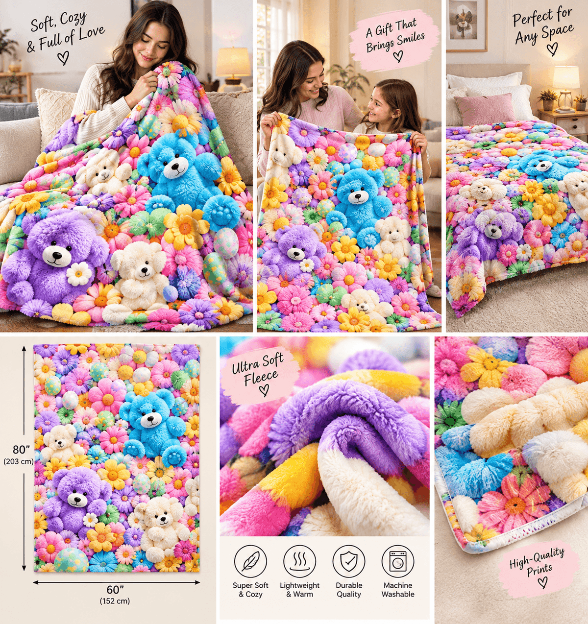 A 5-panel collage showcasing a plush fleece blanket with colorful teddy bears and flowers. The blanket features purple, blue, yellow, pink, and orange plush bears surrounded by multicolored flower bouquets.