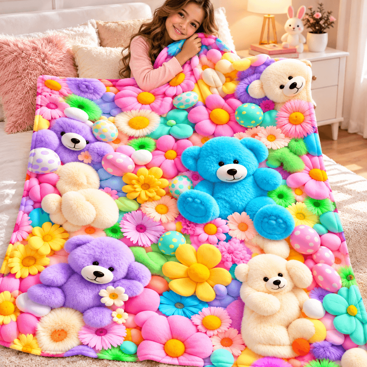 A woman lies on a bed covered with a colorful plush blanket featuring large teddy bears and bright flowers. The blanket has a multicolor design with pink, blue, yellow, purple, green, and white elements, and the room setting includes a bedside table and lamp.