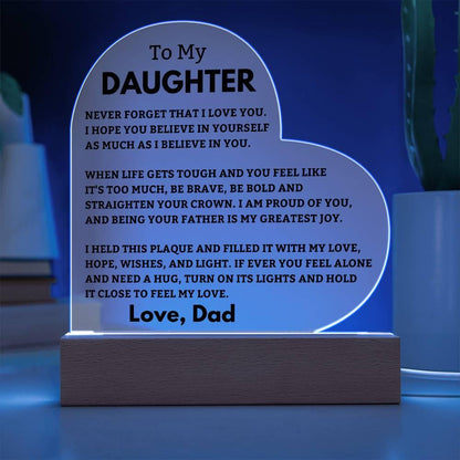 Daughter Gift- LED Heart Acrylic Plaque- From Dad - Charming Family Gift