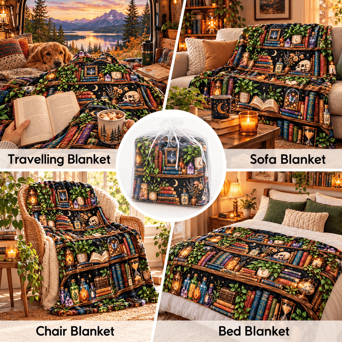 Enchanted Bookshelf Book Lover Blanket Gift– Magical Dark Academia Reading Gift – 50"×60"