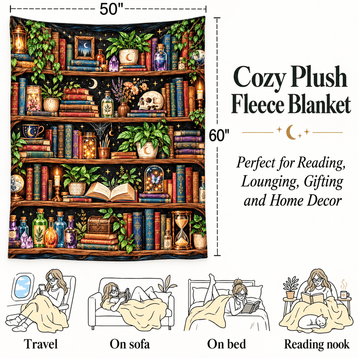 Enchanted Bookshelf Book Lover Blanket Gift– Magical Dark Academia Reading Gift – 50"×60"