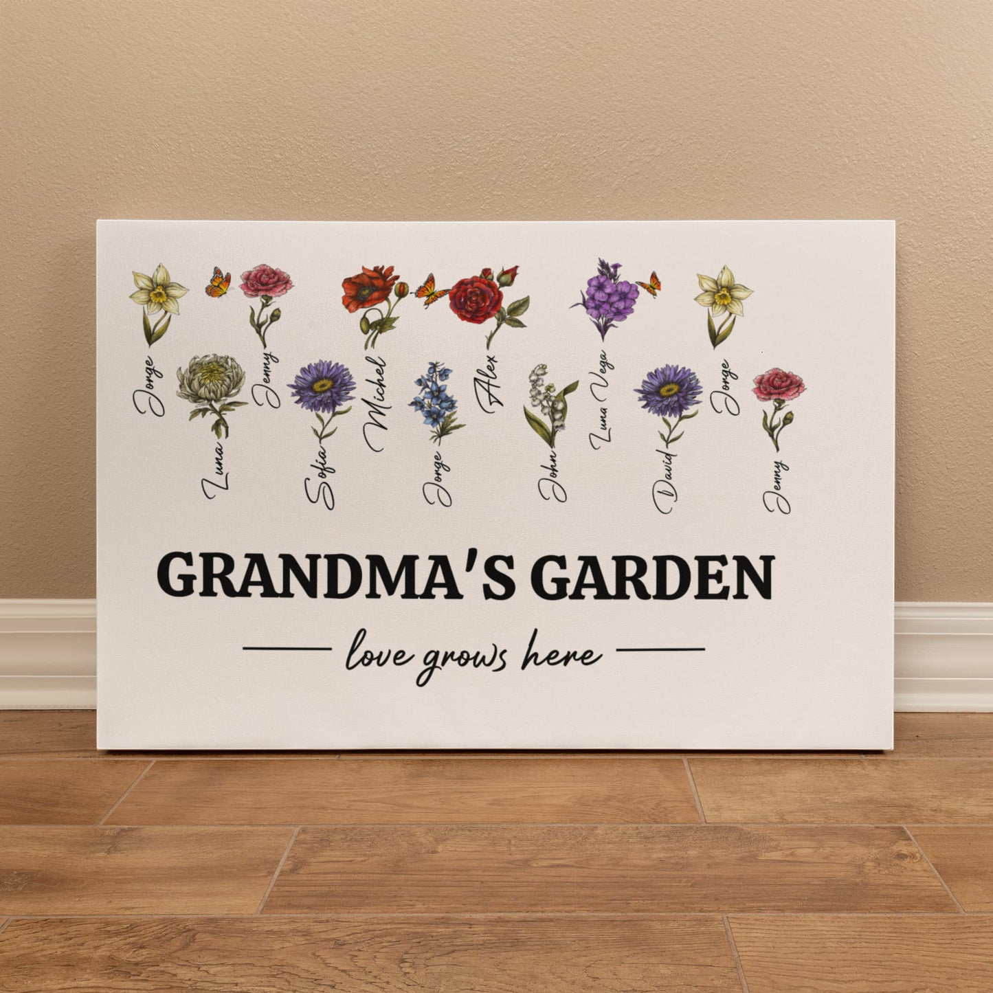 Grandma‘s/MOM Garden Love Grows Here Birth Month Flower Gift For Grandma/Mom Personalized Canvas Print