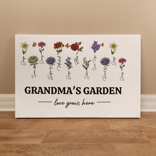 Grandma‘s/MOM Garden Love Grows Here Birth Month Flower Gift For Grandma/Mom Personalized Canvas Print