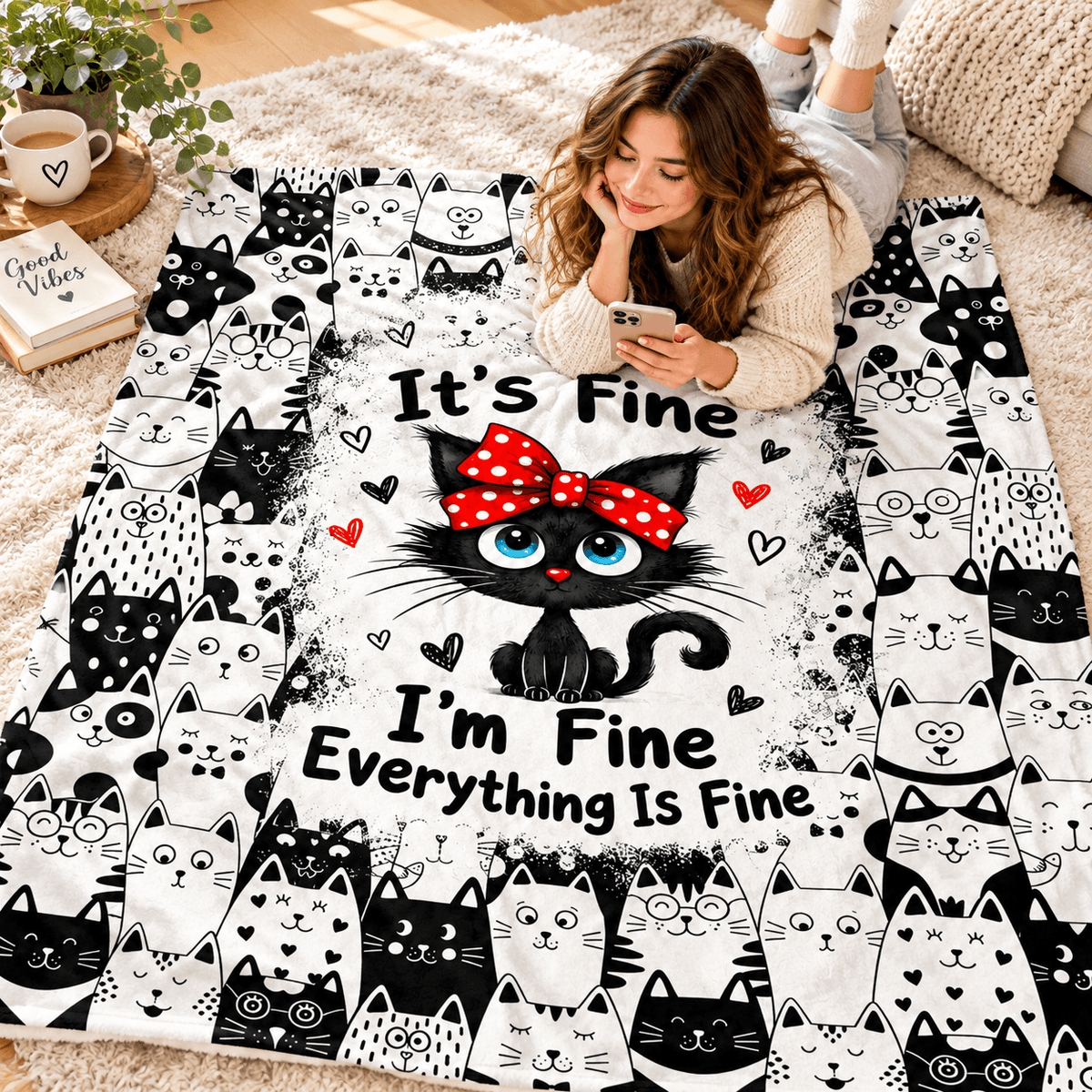 It’s Fine I’m Fine Everything Is Fine Cat Blanket – Funny Cat Lover Blanket Gift– 50"×60"