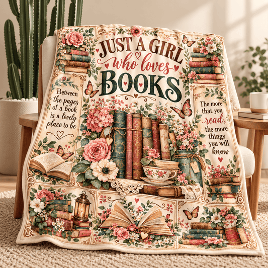 Just a Girl Who Loves Books Blanket – Vintage Floral Cozy Plush Fleece Reading Gift for Women & Daughters – 50"×60"