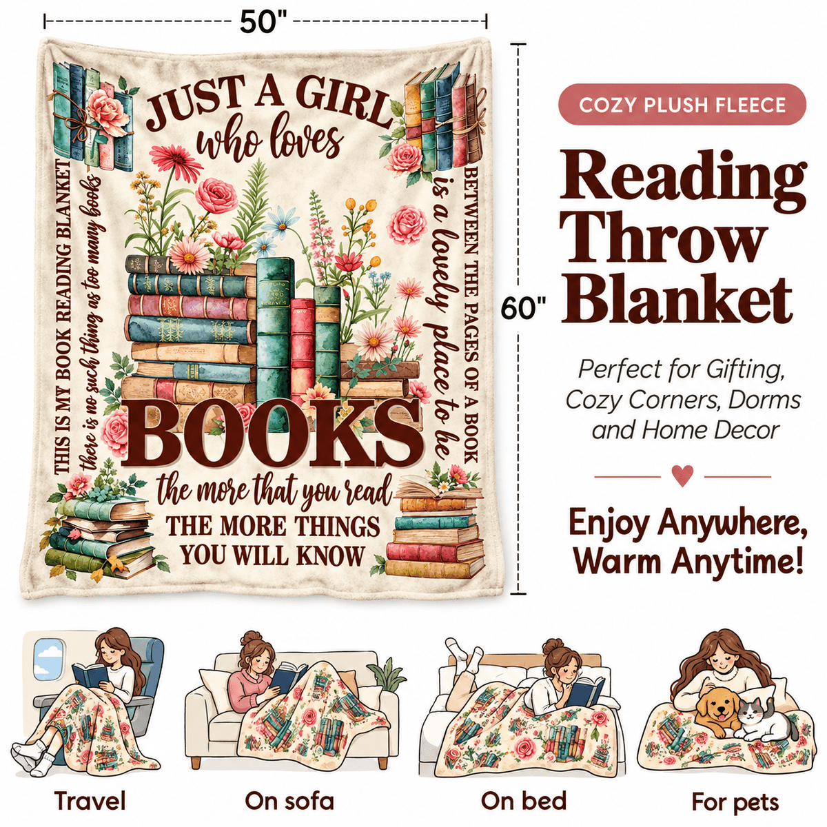 Just a Girl Who Loves Books Blanket – Cozy Plush Fleece Blanket Book Lover Reading Gift – 50