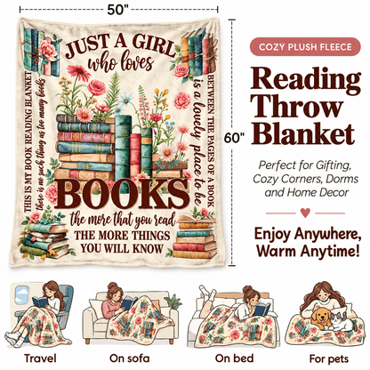 Just a Girl Who Loves Books Blanket – Cozy Plush Fleece Blanket Book Lover Reading Gift – 50