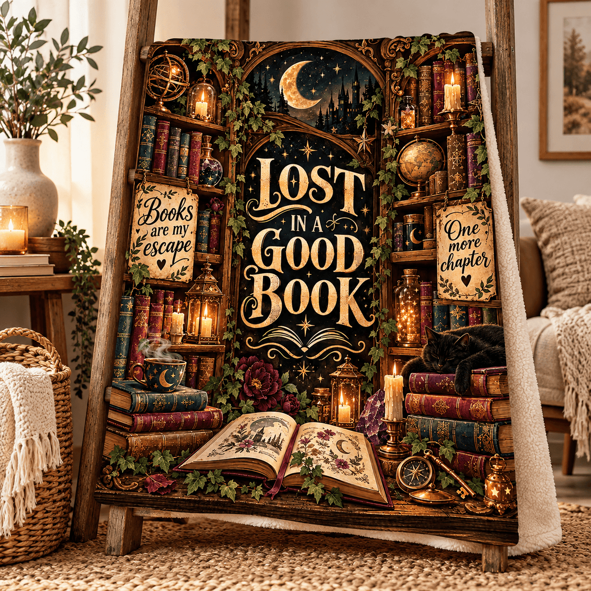 Lost in a Good Book Blanket – Magical Library Dark Academia Cozy Plush Fleece Reading Gift for Women & Daughters – 50