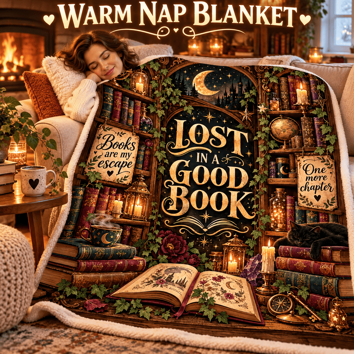Lost in a Good Book Blanket – Magical Library Dark Academia Cozy Plush Fleece Reading Gift for Women & Daughters – 50