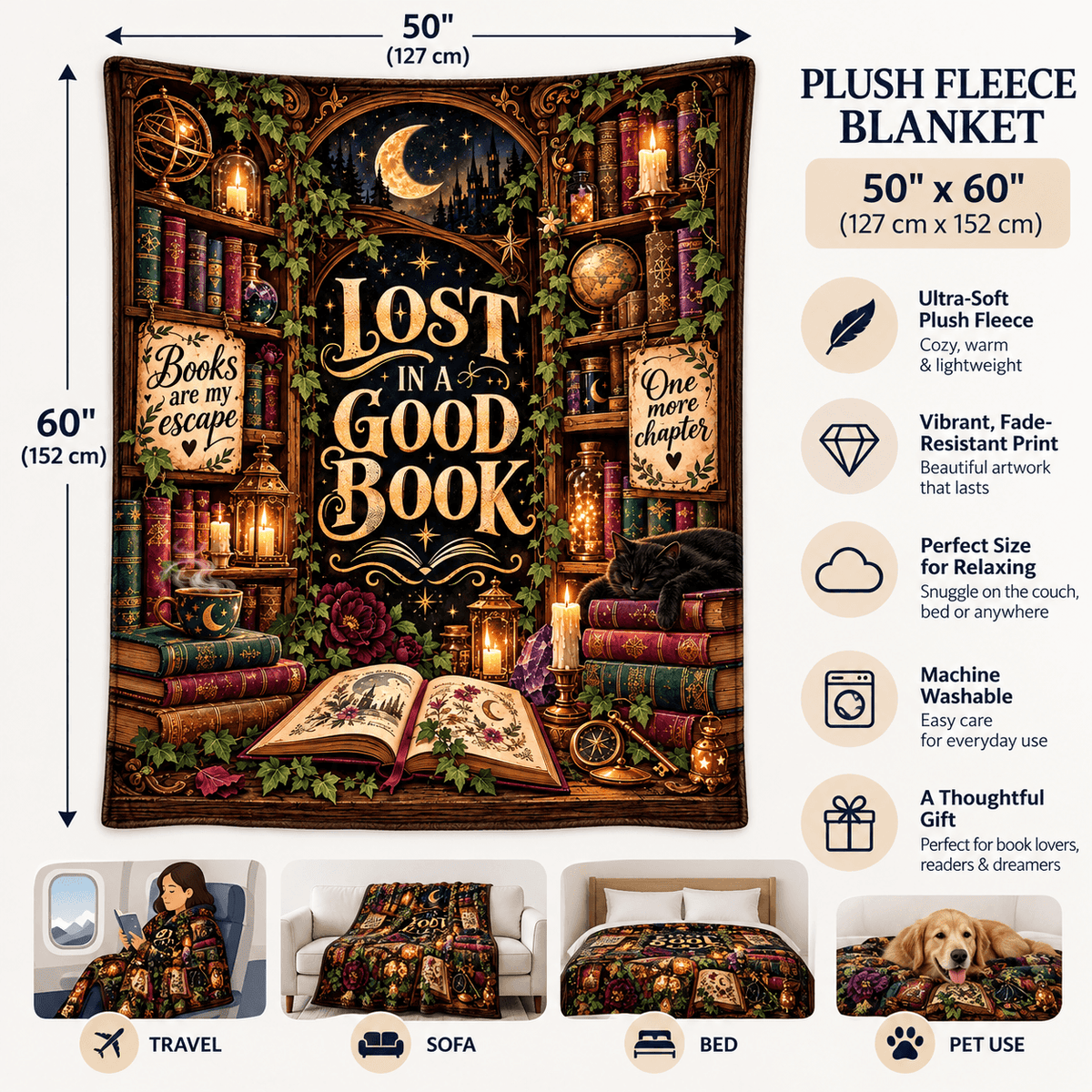 Lost in a Good Book Blanket – Magical Library Dark Academia Cozy Plush Fleece Reading Gift for Women & Daughters – 50