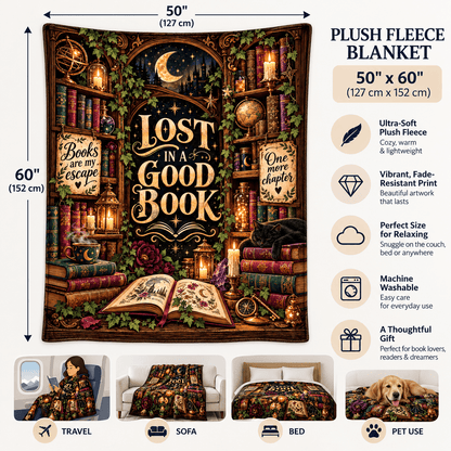 Lost in a Good Book Blanket – Magical Library Dark Academia Cozy Plush Fleece Reading Gift for Women & Daughters – 50