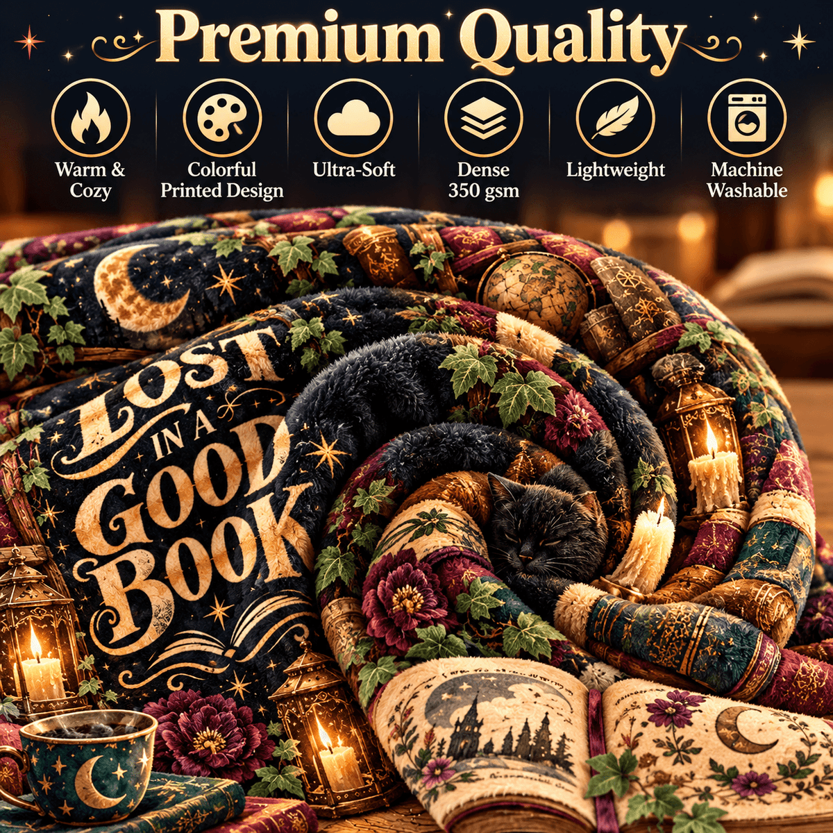 Lost in a Good Book Blanket – Magical Library Dark Academia Cozy Plush Fleece Reading Gift for Women & Daughters – 50