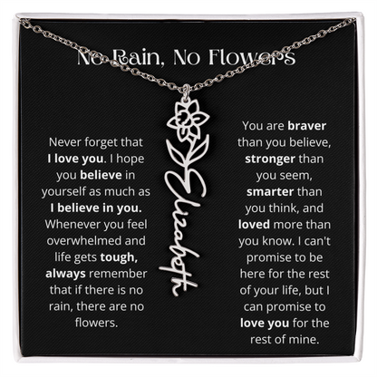 No Rain - No Flowers - Never Forget That I Love You | Birth Flower Name Necklace