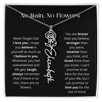 No Rain - No Flowers - Never Forget That I Love You | Birth Flower Name Necklace