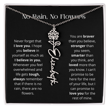 No Rain - No Flowers - Never Forget That I Love You | Birth Flower Name Necklace