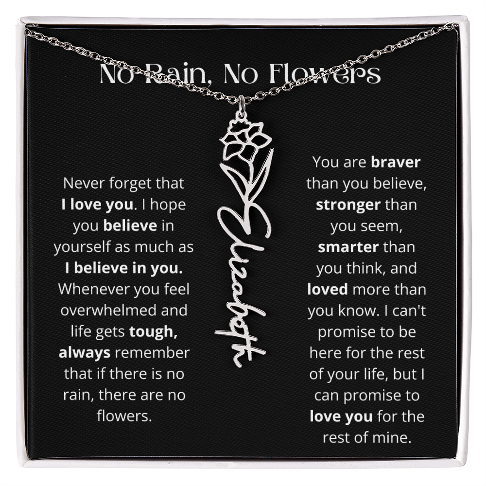 No Rain - No Flowers - Never Forget That I Love You | Birth Flower Name Necklace