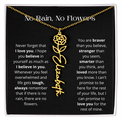 No Rain - No Flowers - Never Forget That I Love You | Birth Flower Name Necklace
