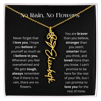 No Rain - No Flowers - Never Forget That I Love You | Birth Flower Name Necklace