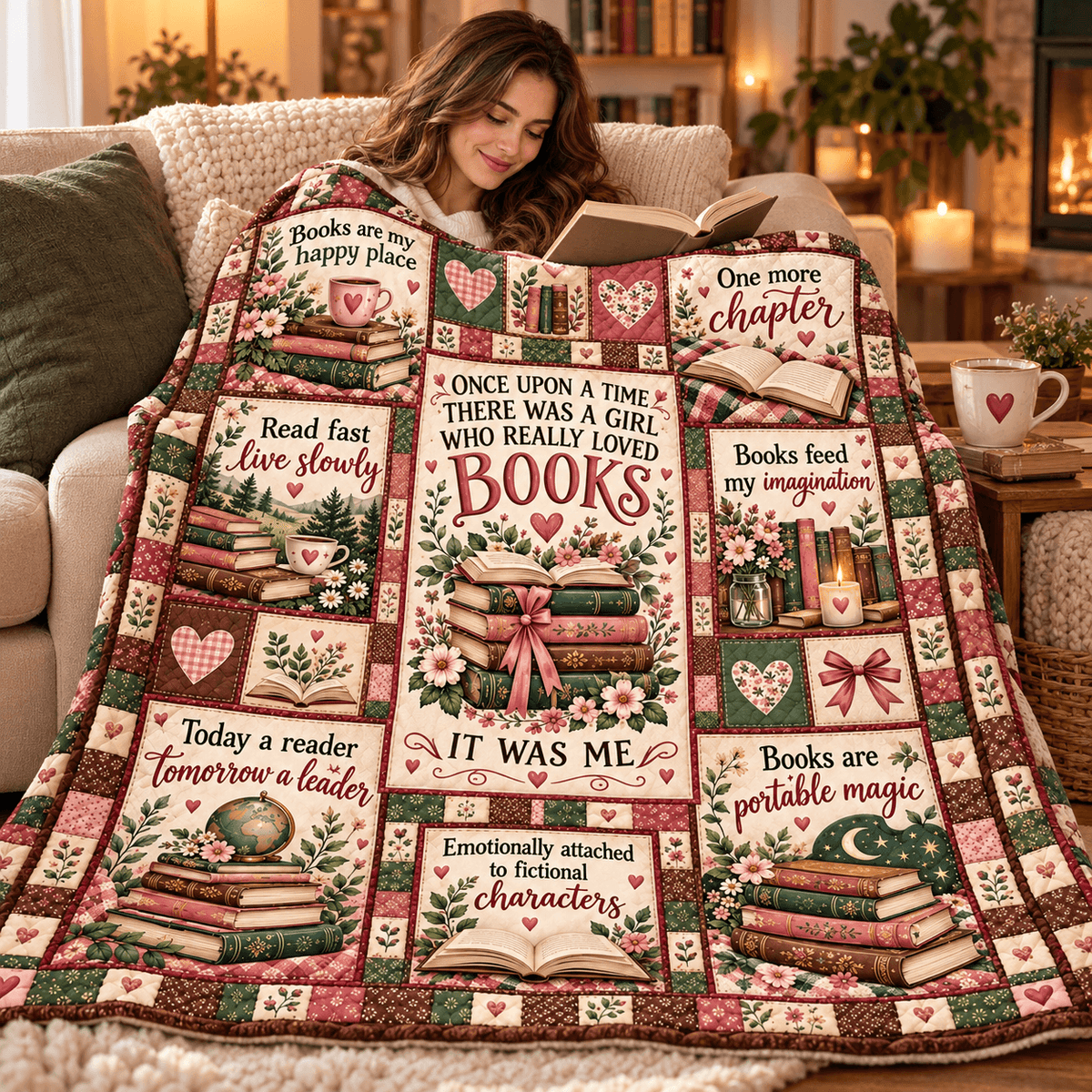 Once Upon a Time Book Lover – Vintage Floral Patchwork Cozy Plush Fleece Blanket Reading Gift