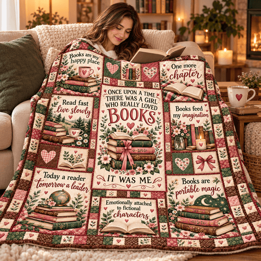 Once Upon a Time Book Lover – Vintage Floral Patchwork Cozy Plush Fleece Blanket Reading Gift