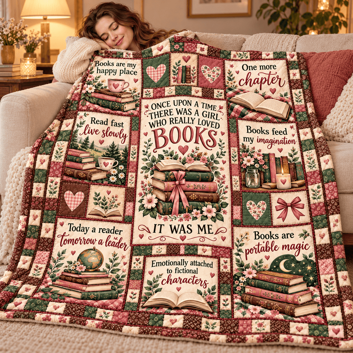 Once Upon a Time Book Lover – Vintage Floral Patchwork Cozy Plush Fleece Blanket Reading Gift