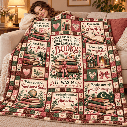 Once Upon a Time Book Lover – Vintage Floral Patchwork Cozy Plush Fleece Blanket Reading Gift