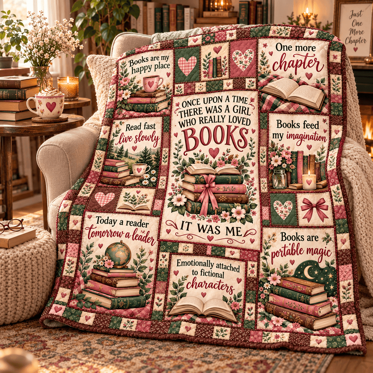 Once Upon a Time Book Lover – Vintage Floral Patchwork Cozy Plush Fleece Blanket Reading Gift