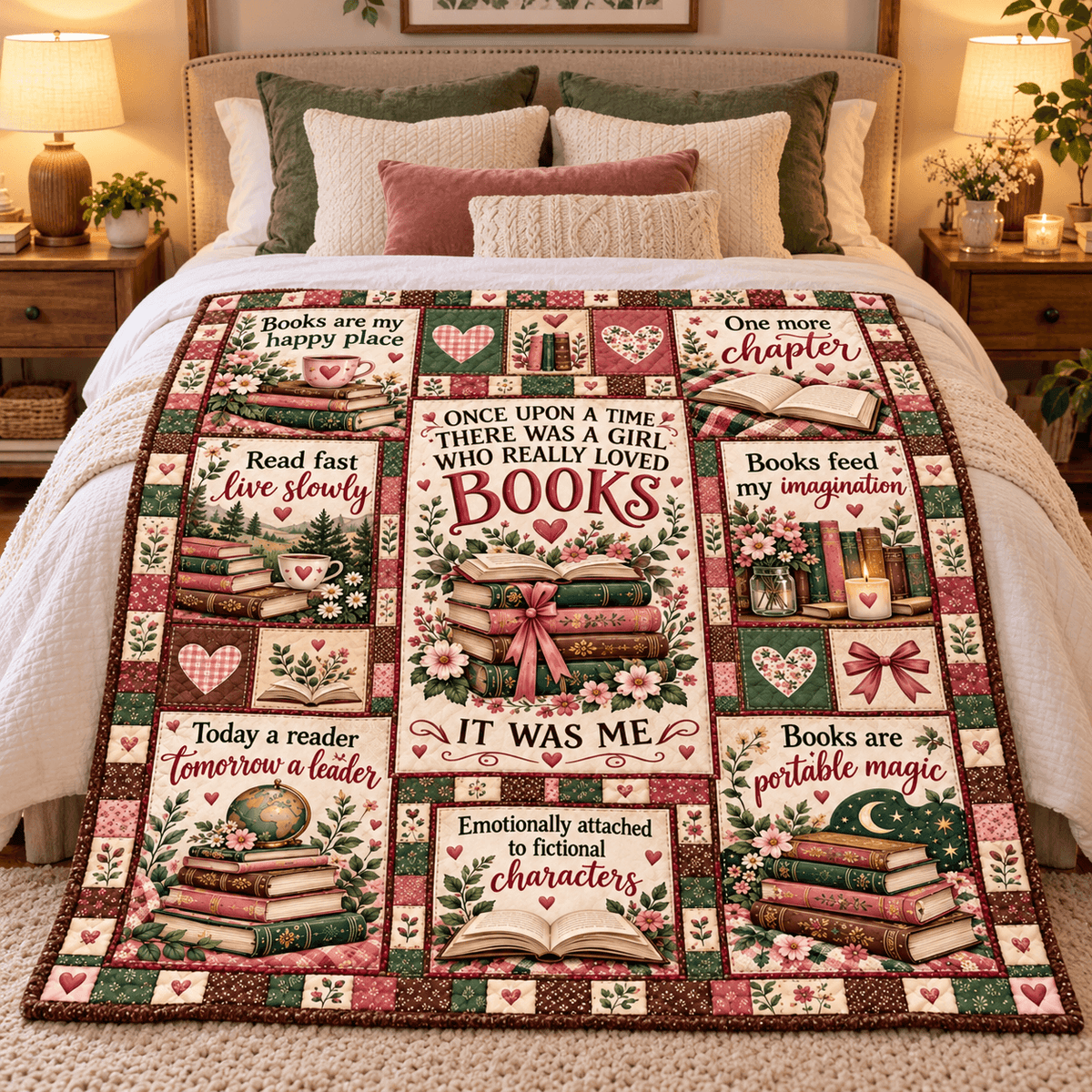 Once Upon a Time Book Lover – Vintage Floral Patchwork Cozy Plush Fleece Blanket Reading Gift