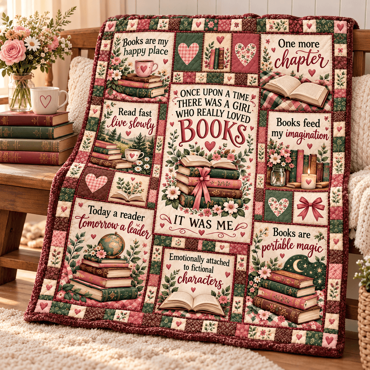 Once Upon a Time Book Lover – Vintage Floral Patchwork Cozy Plush Fleece Blanket Reading Gift