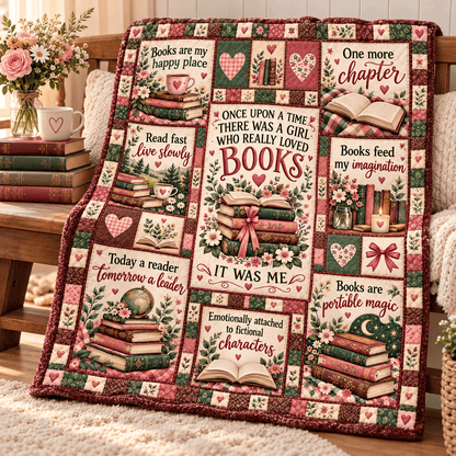 Once Upon a Time Book Lover – Vintage Floral Patchwork Cozy Plush Fleece Blanket Reading Gift