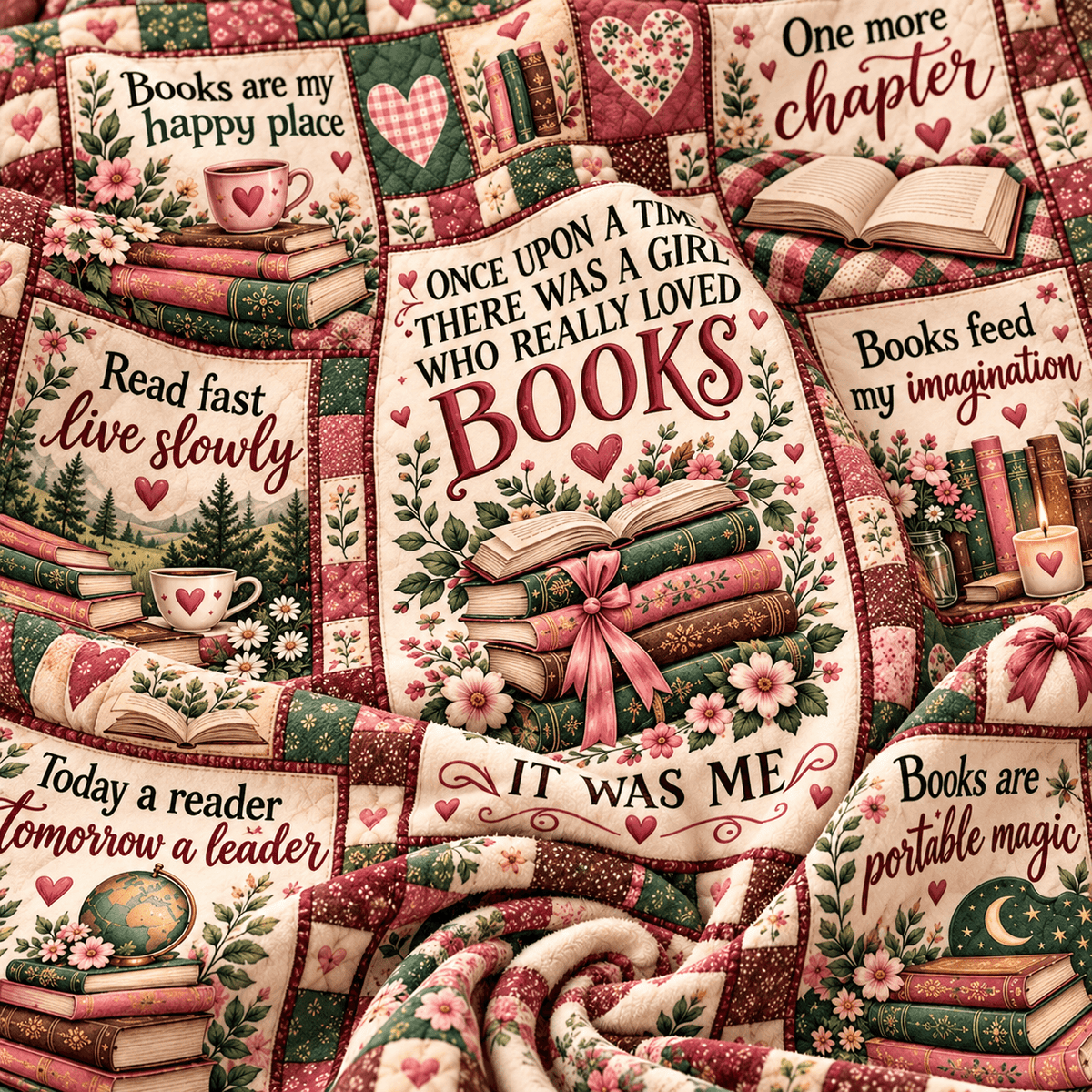 Once Upon a Time Book Lover – Vintage Floral Patchwork Cozy Plush Fleece Blanket Reading Gift
