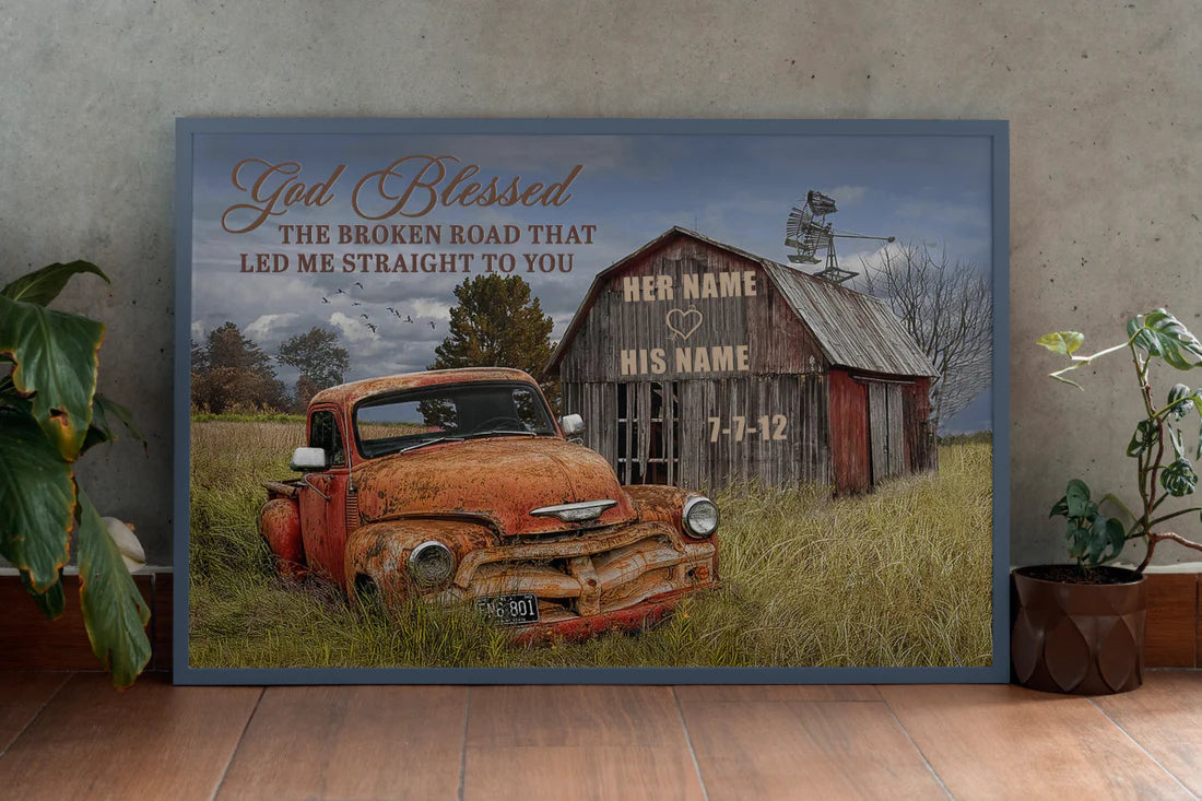 Personalized God Blessed The Broken Road Canvas – Custom His & Her Names, Wedding Date Wall Art