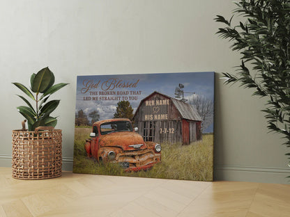 Personalized God Blessed The Broken Road Canvas – Custom His & Her Names, Wedding Date Wall Art