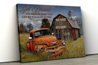 Personalized God Blessed The Broken Road Canvas – Custom His & Her Names, Wedding Date Wall Art