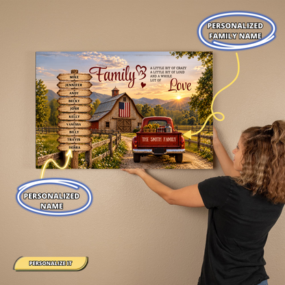 Personalized Family Farmhouse Canvas | Custom Family Names Rustic Red Truck Wall Art | Family Tree Country Home Decor Gift