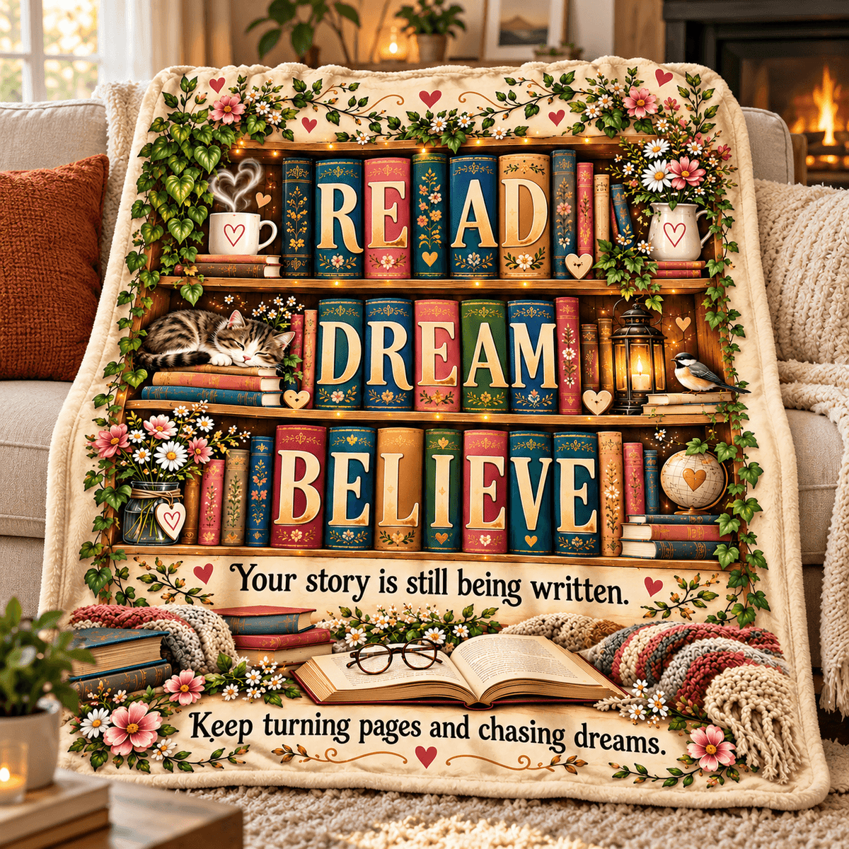 Read Dream Believe Book Lover Blanket – Inspirational Reading Gift – Cozy Plush Fleece – 50"×60"