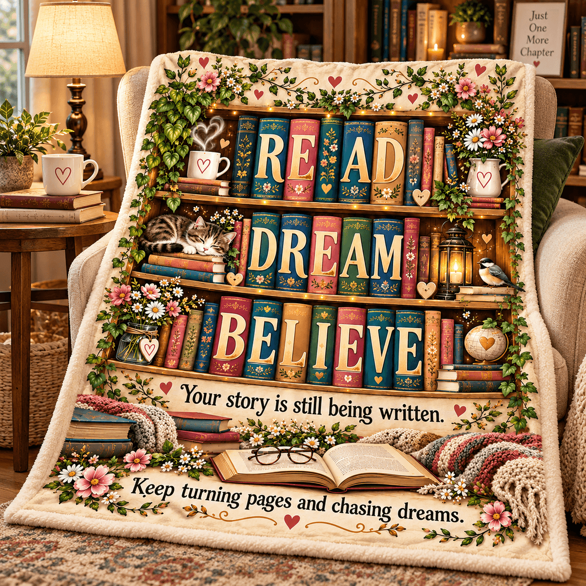 Read Dream Believe Book Lover Blanket – Inspirational Reading Gift – Cozy Plush Fleece – 50"×60"