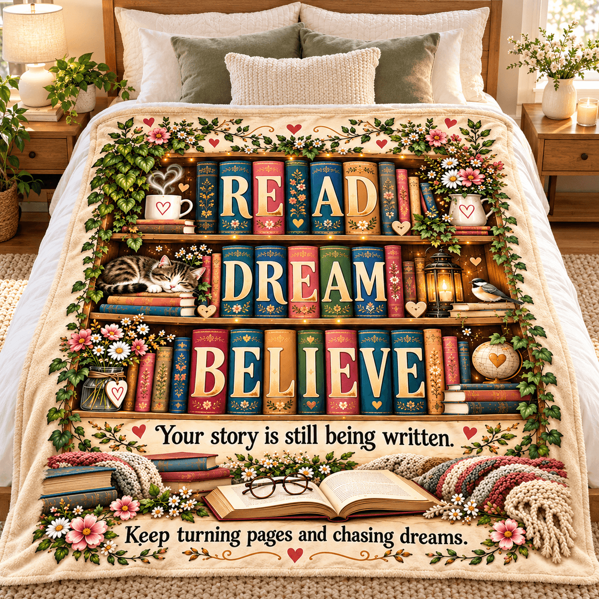 Read Dream Believe Book Lover Blanket – Inspirational Reading Gift – Cozy Plush Fleece – 50"×60"