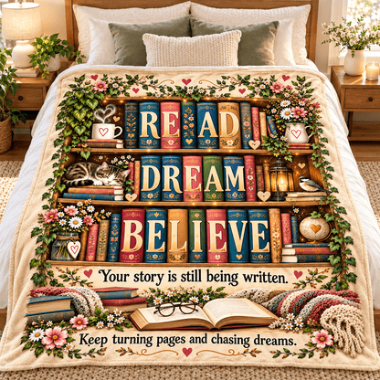 Read Dream Believe Book Lover Blanket – Inspirational Reading Gift – Cozy Plush Fleece – 50"×60"
